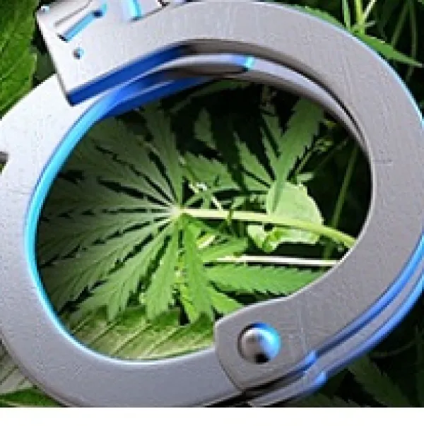 Silver handcuffs laying on marijuana leaves