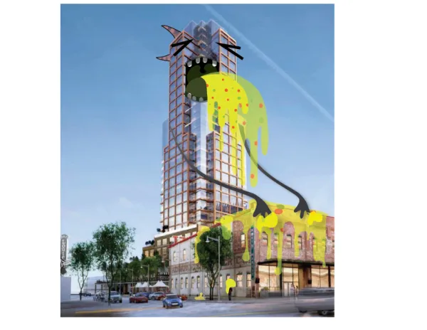 Big tall building with arms looking like it is throwing up on a short building  