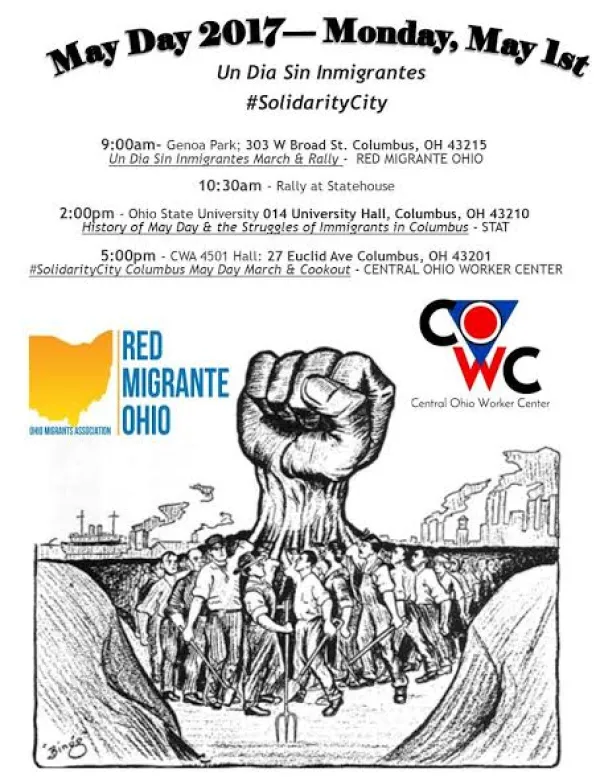 Poster outlining May Day events and image of a fist with the arm part being lots of different workers