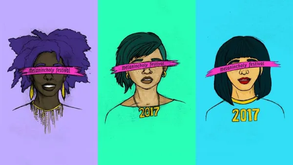 Art of women's heads with pink ribbons over their eyes that say Melanincholia Festival