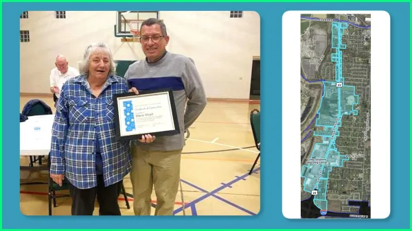 Man and woman posing with award, map of south side