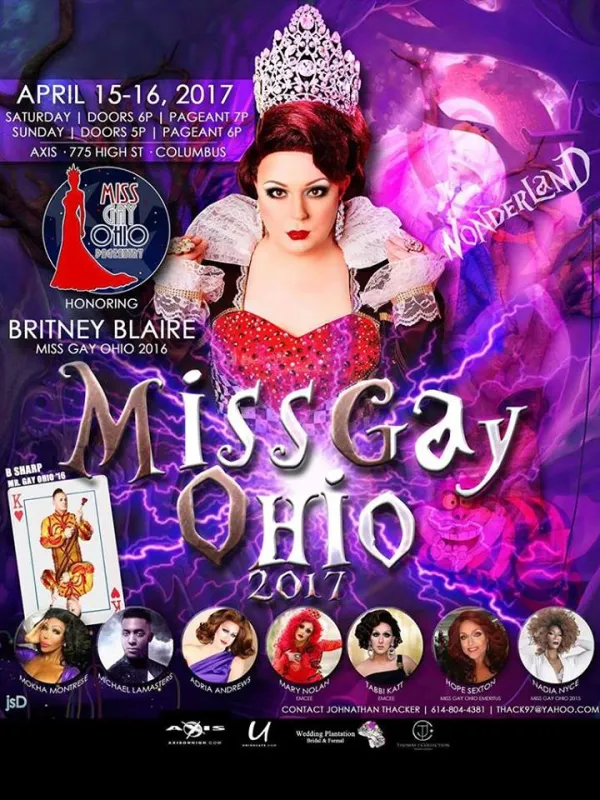 Female impersonator looking pretty in a crown and cape and dressy dress with words Miss Gay Ohio