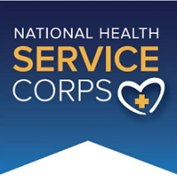 Blue background with words National Health Service Corps and a logo of a heart with a plus sign inside