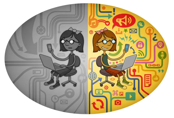 Cartoon of girl black/white on one side and on color on a computer surrounded by technical symbols