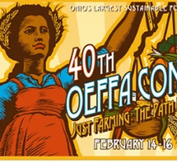 Drawing of brown-skinned woman holding baskets with food and words 40th annual OEFFA