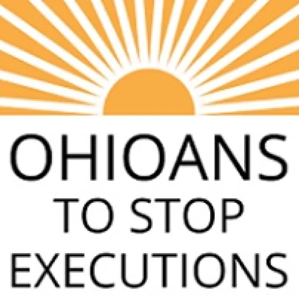 Logo of a half circle in orange like the sun with orange rays coming out all around the top and words Ohioans to Stop Executions