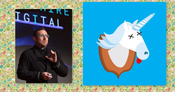 Man gesturing and a unicorn