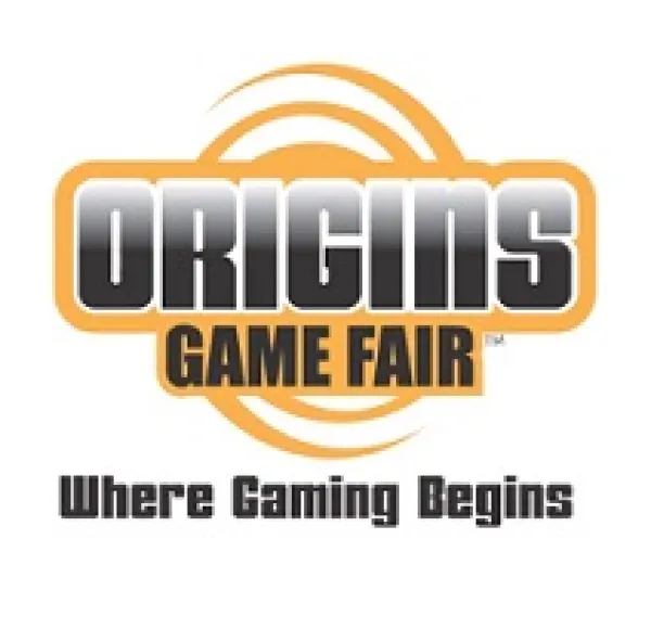 Words Origins Game Fair in a logo with orange circles around it and at bottom words Where Gaming Begins