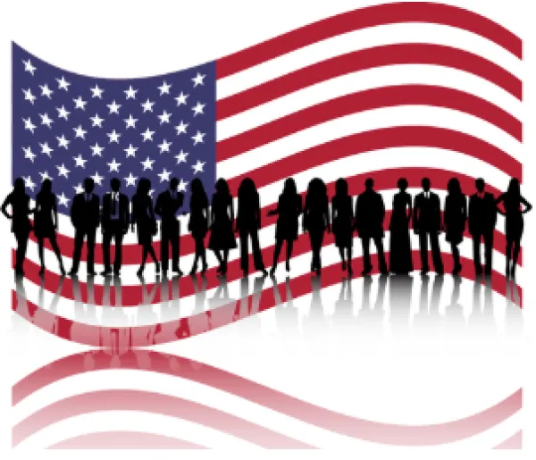 US flag with people standing in front