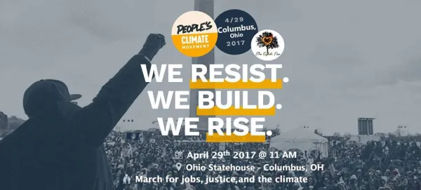 A fist in the air with words We Resist We Build We Rise