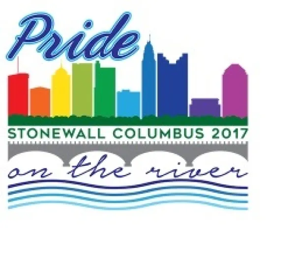 The word Pride, then Stonewall Columbus 2017, and the words on the river with a rainbow colored skyline