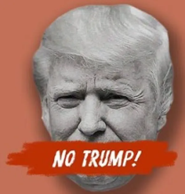 Trump face with red splash over mouth and words No Trump!