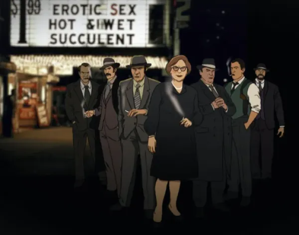 Cartoon people standing outside a movie theater