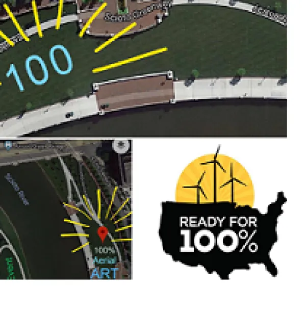 Three squares, one at bottom right with a black map of the U.S. and windmills at top with words Ready for 100% and two other squares one bottom right and one top with views of the river from above