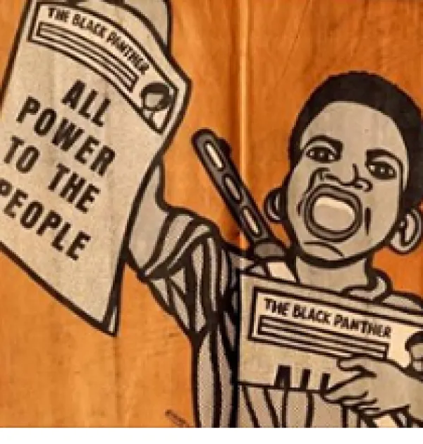 Drawing of blackwoman holding newspapers saying All Power to the People