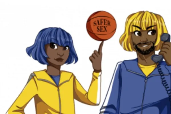 Basketball on a person's finger with the words Safer Sex on it