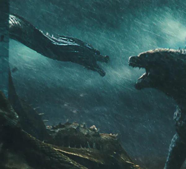 Two reptilian monsters with mouths open seemingly yelling at each other with a murky blue background