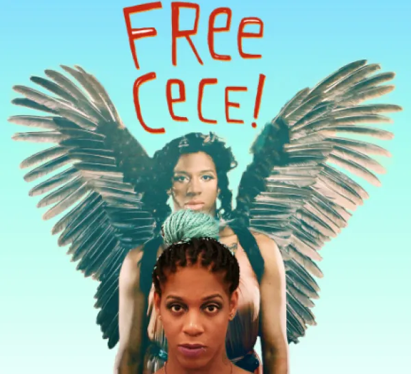 Words in handwriting font Free Cece! and a black woman's face at bottom with her being an angel above her