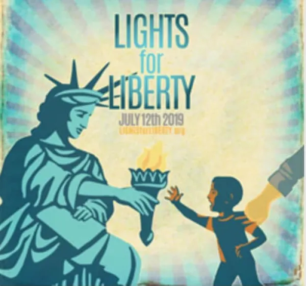Drawing of a statue of liberty bending down to hand her torch to s small boy as a hand is grabbing the boy and pulling him away and the words Lights for Liberty