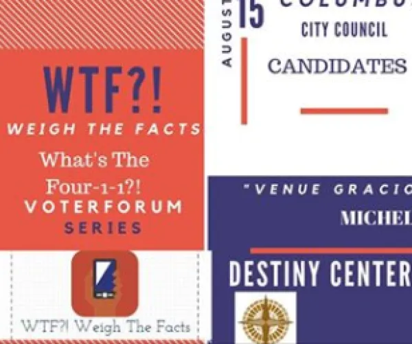 Information about the event in blocks of orange, white and dark blue