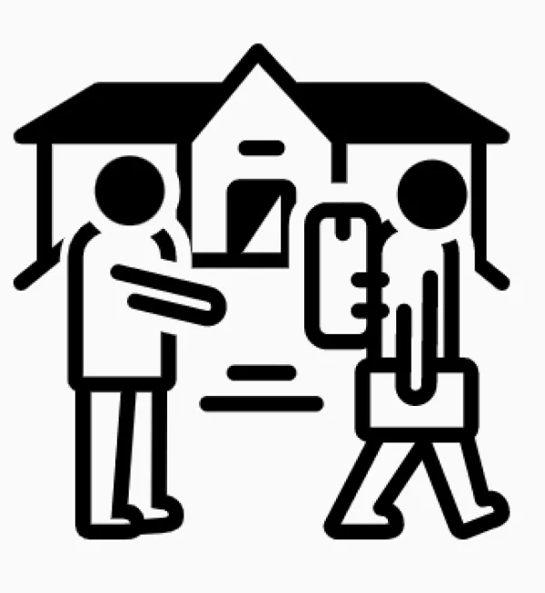 Line drawing of person leaving home with baggage