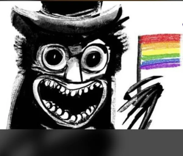 Scary owl holding a rainbow flag