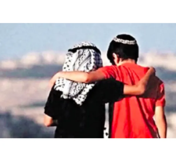 Palestinian boy and Israeli boy with arms around each other
