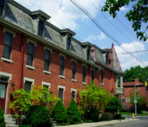 Row of brick apartments