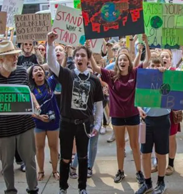 Students outside at a rally