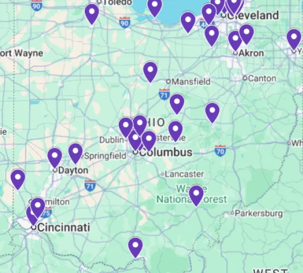Ohio map with purple dots