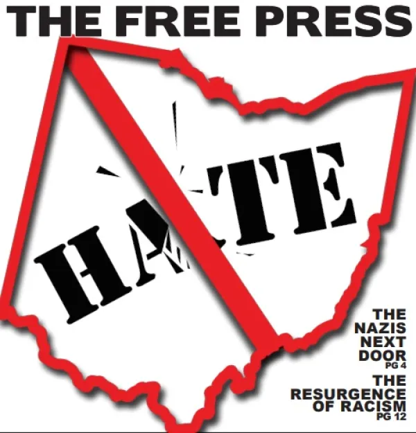 Red border state of Ohio image with word hate inside and line through it like a "no" sign and the words Free Press on top