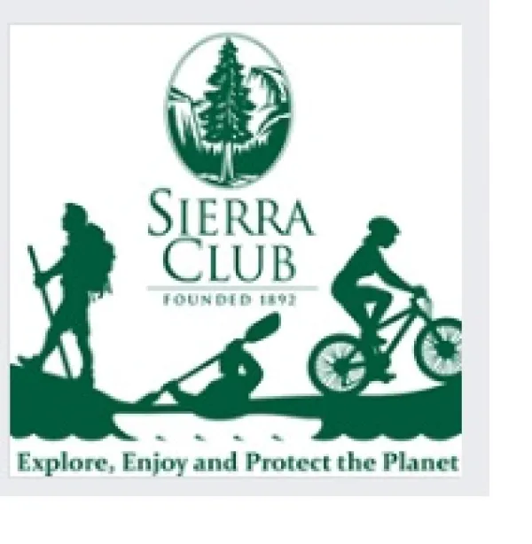 Green and white logo with a bi tree against mountains above the words Sierra Club and below people hiking, biking and kayaking