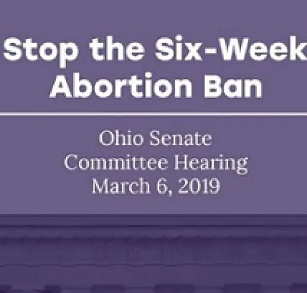 words Six Week Abortion Ban against blue background and details about event