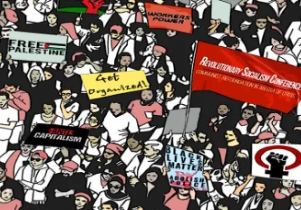 Collage of people at rallies