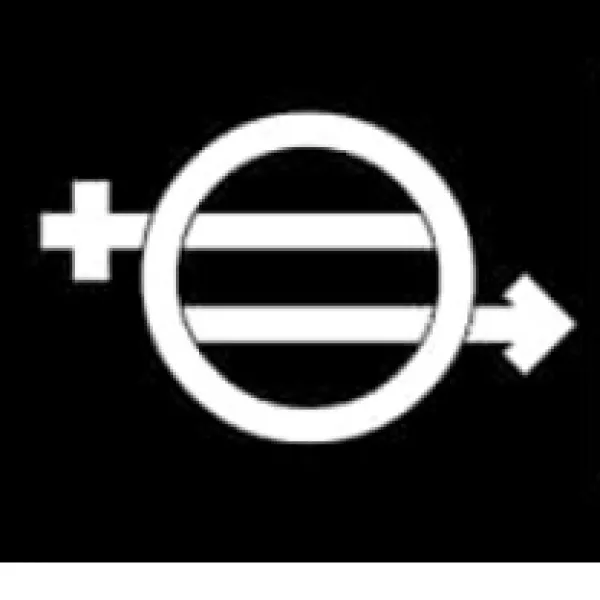 White circle against black with one line going through it to the left with a plus and to the right with an arrow