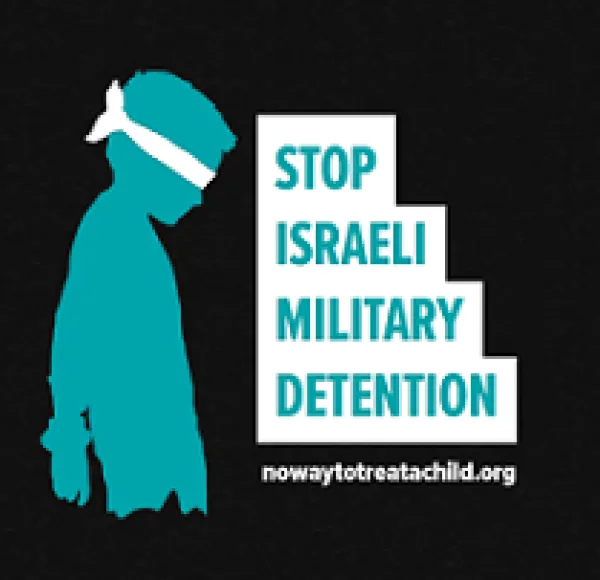 Drawing of person with blindfold and words Stop Israeli Military Detention