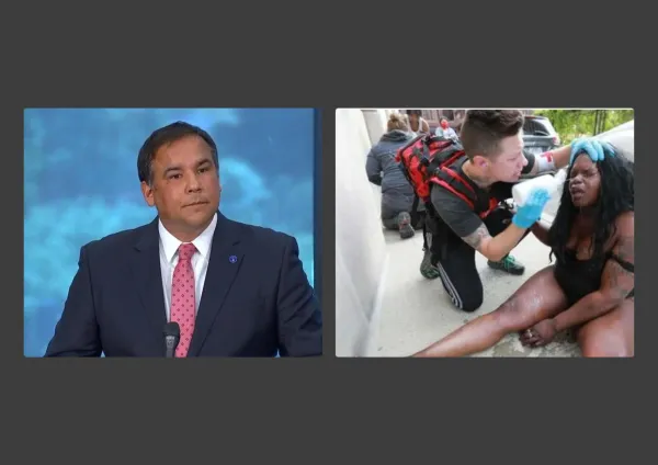 Mayor Ginther and photo of protester