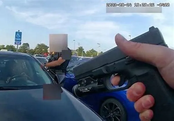 Hand holding a gun at a car