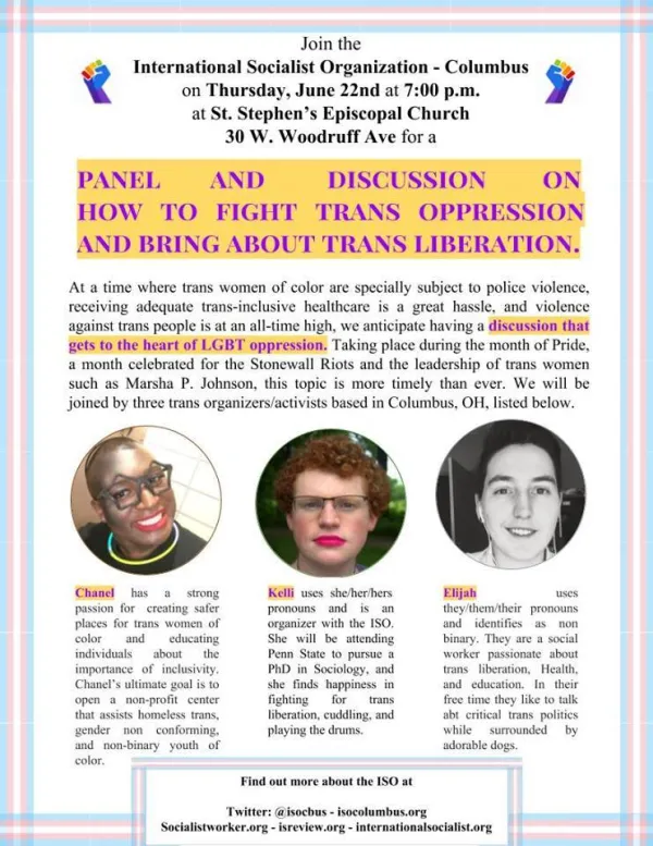 Flyer from event with lots of words and photos of three speakers