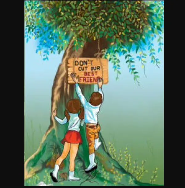 Kids putting a sign on a tree