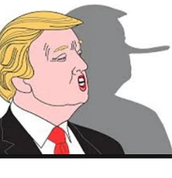 Cartoon of white older man with yellow hair with his shadow showing a long long nose