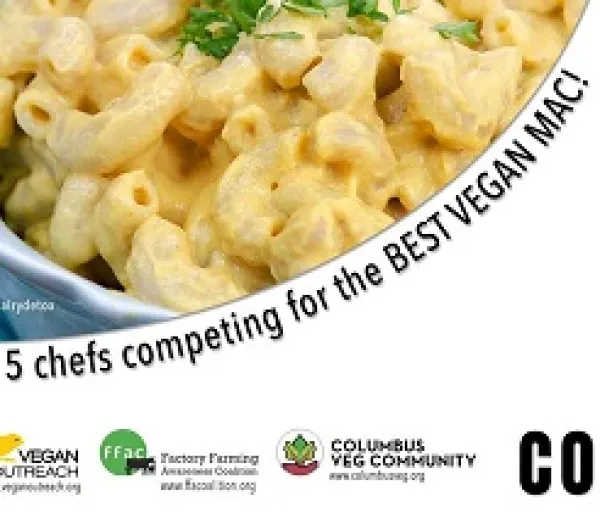 Photo of mac and cheese with words Five Chefs Compete for the BEST Vegan