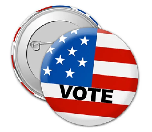 Label button that says VOTE with a flag