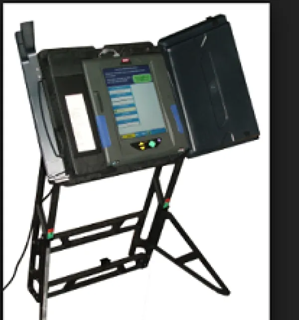 Metal structure spread out like an open book on stilty metal legs with an electronic screen in the middle