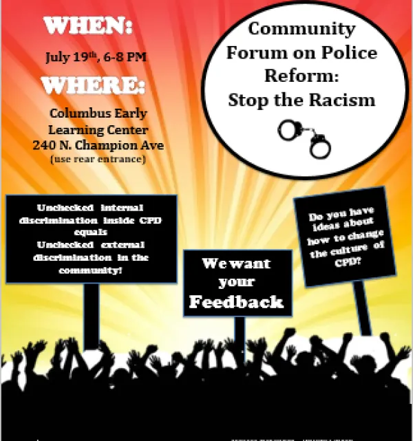 Orange black and yellow flyer with all the details of the event, silhouettes of people protesting at the bottom and holding signs