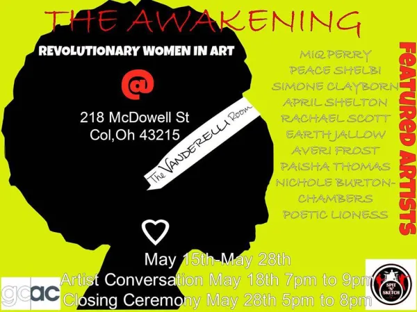 Green background, woman's silhouette, names of artists