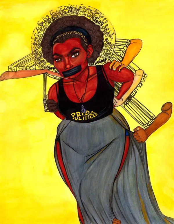 Drawing of black woman with black tape over her mouth with white hands and arms grabbing her from behind