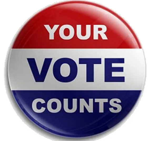 Your vote counts on a button in red white and blue