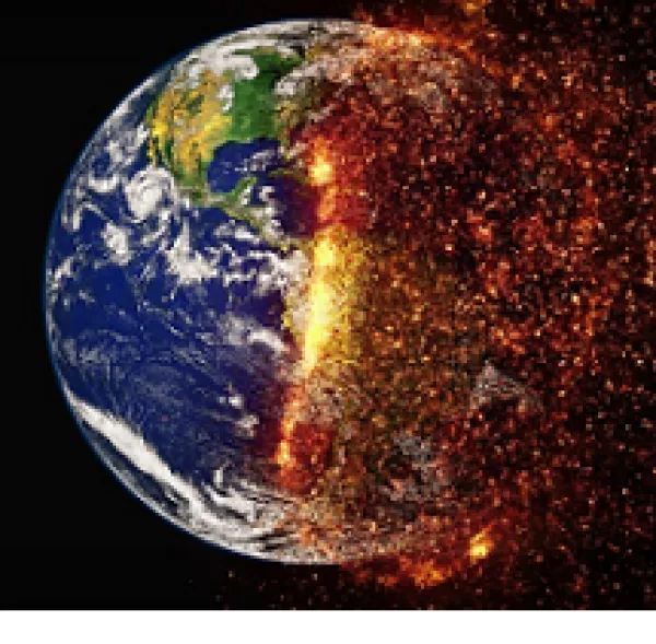 Earth against a black sky and the side of it into exploding into red sparks