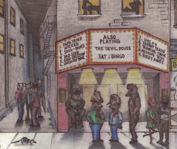 Illustration of movie theater with Also Playing on marquee and strange animal people standing on the street and a rat running by